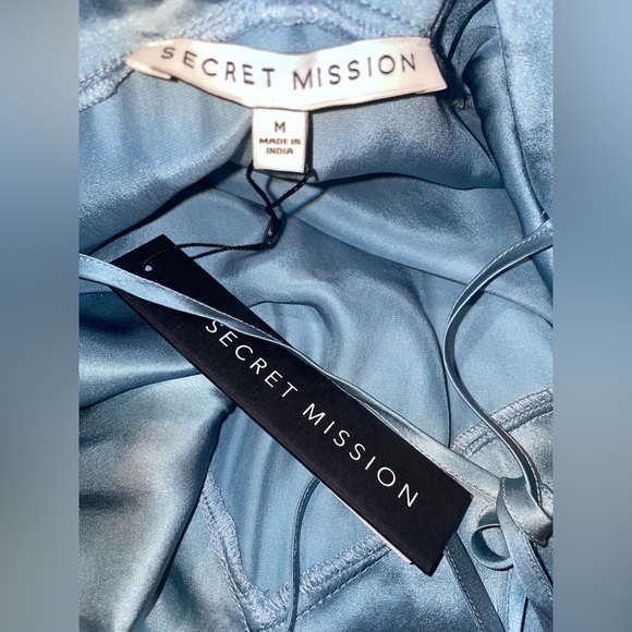 New! Secret Mission Erica Slip 100% Silk Mini Dress in Dusty Blue 🩵 Medium NWT! - Picture 16 of 16